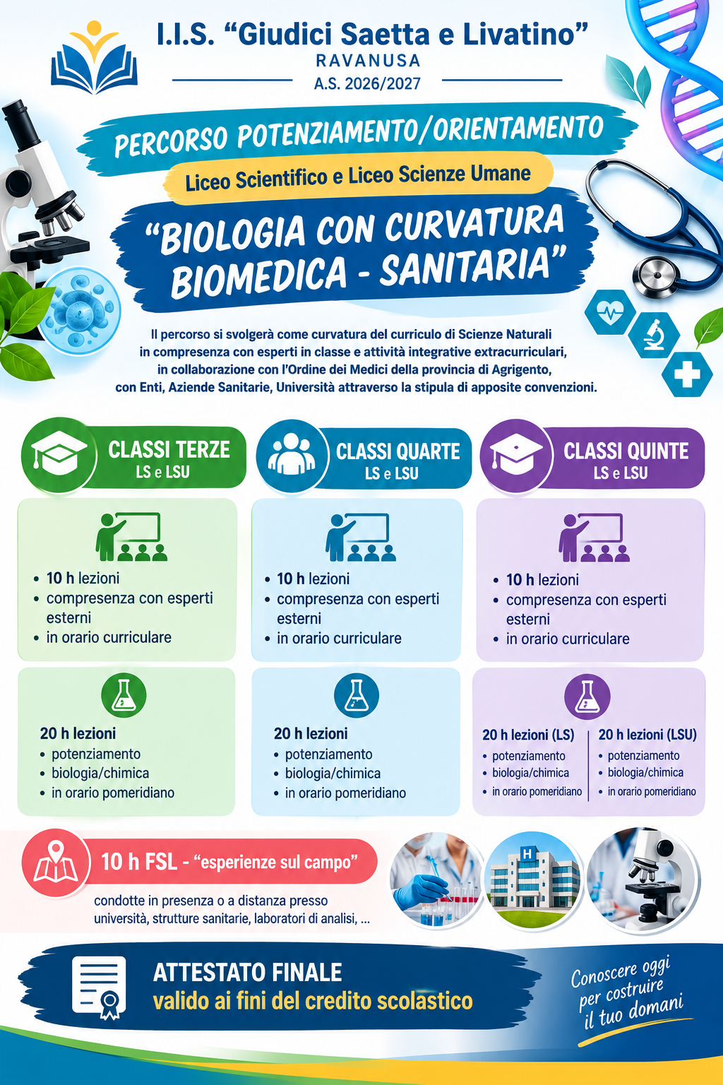 Locandina del percorso Biologia con curvatura biomedica-sanitaria, A.S. 2026/2027 — IISS Giudici Saetta e Livatino, sede di Ravanusa