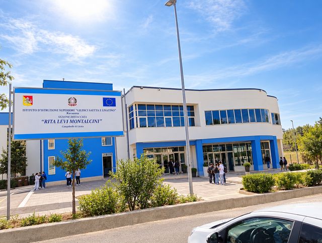 Il plesso Rita Levi Montalcini a Campobello di Licata: l'edificio bianco e blu con il cartello dell'Istituto e gli studenti all'ingresso